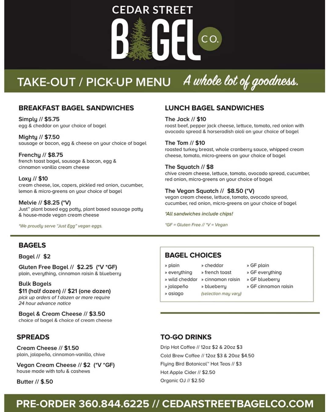 Cedar Sreet Bagel Co Takeout Menu